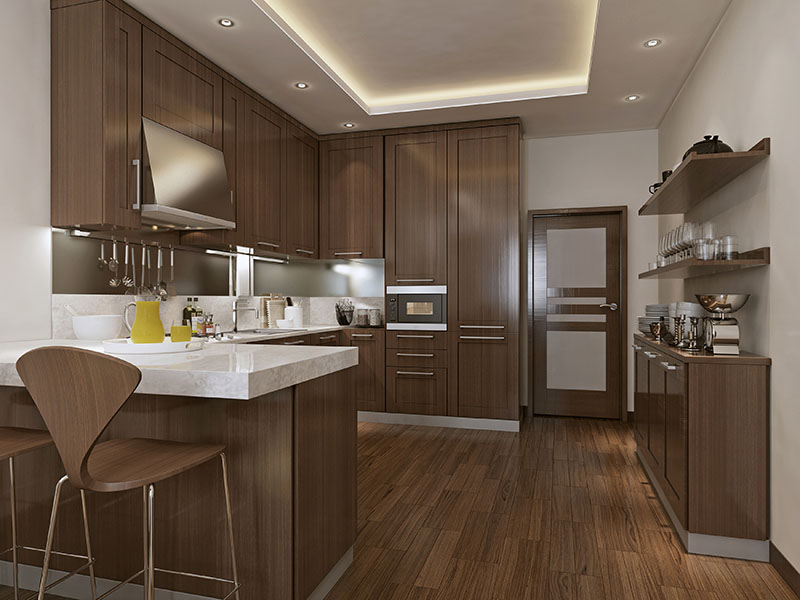 Dark Floor Blends In With The Cabinets To Create A Strong Color Palette